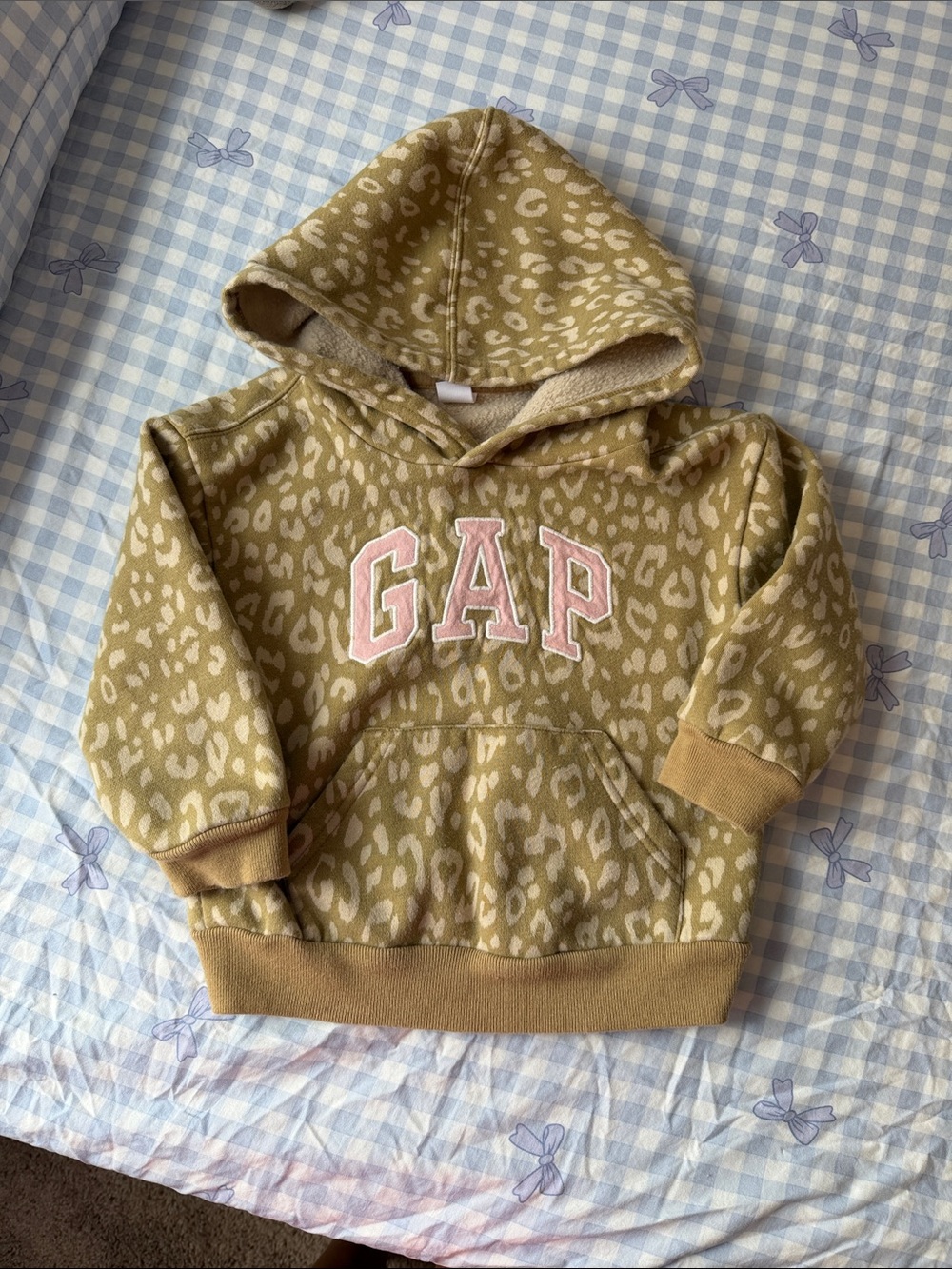 GAP Tan Leopard Print Hoodie with Pink Logo